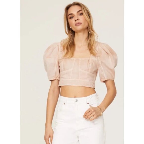 Ulla Johnson Renee Puff Sleeve Crop Top Pink Linen Blend Blouse Women’s Size 10 - Picture 3 of 12